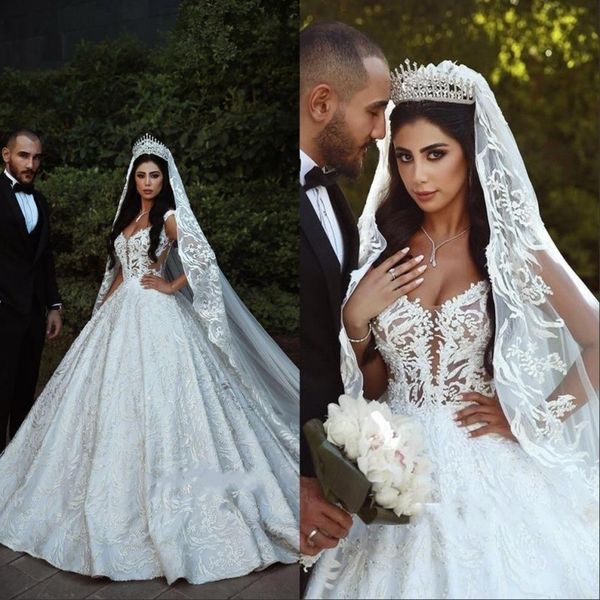 

lace ball gown arabic wedding dresses 2019 v neck sheer straps illusion bodice appliques backless bridal gowns with cathedral train, White