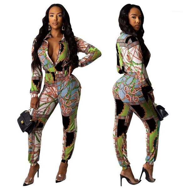 

print rompers spring womens designer casual jumpsuit waist long sleeves chain pattern decorative geometric, Black;white