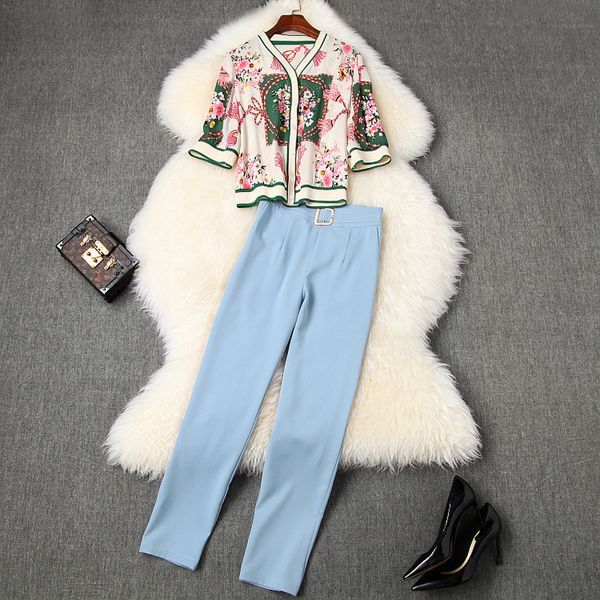 

women and pant set two piece set summer 2020 vintage floral print chiffon cardigan short sleeve cargo pants office outfit, White