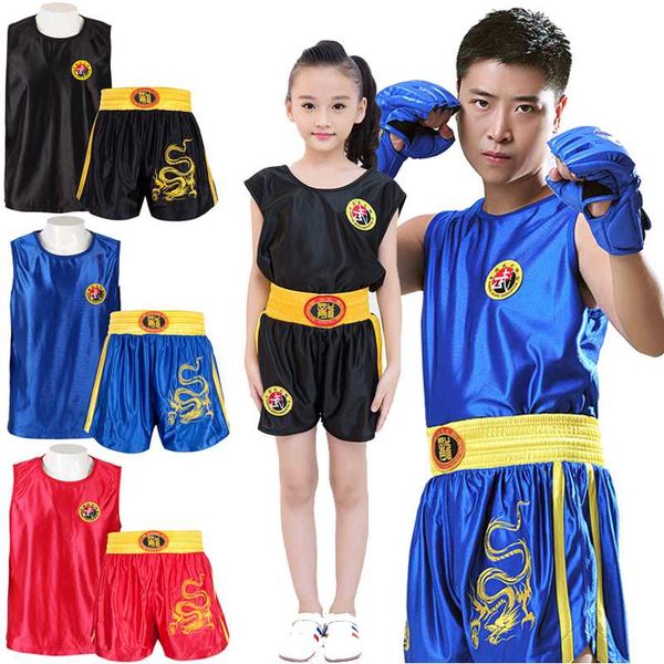 

children sanda uniform shorts fight wushu sanda suit for kids thai shirt training competition muay thai boxing trunks, Blue