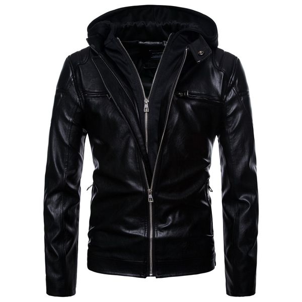 

2018 leather jacket men's punk metrosexual man hooded biker long sleeve leather coat motorcycle leather jacket coat men's, Black