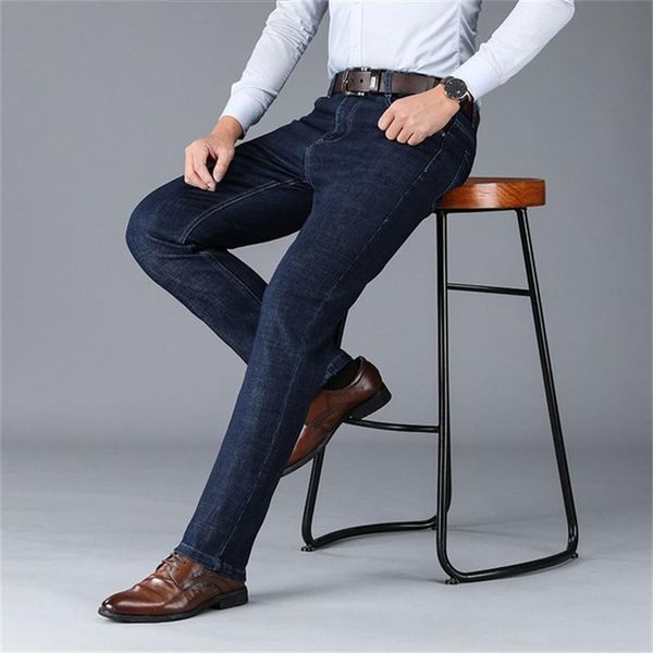 

new men's fall winter business straight jeans high waist stretch loose trousers, Blue