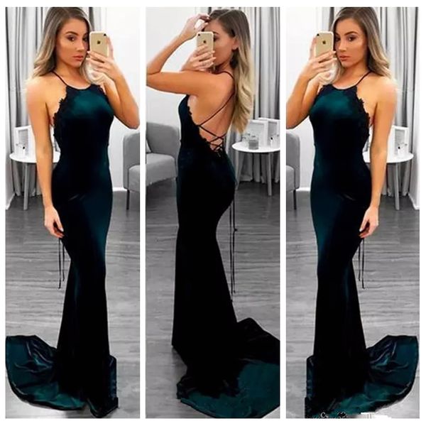 

2019 halter slim mermaid lace prom dresses criss cross back junior formal long vestidos de soiree simple cheap, Black