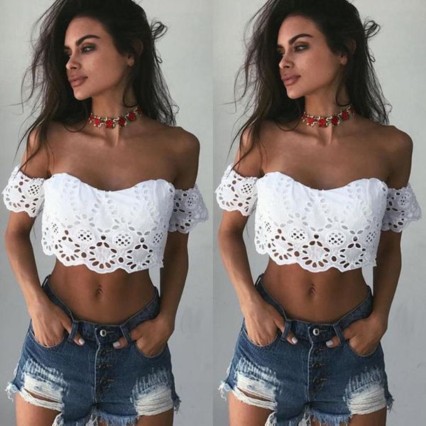

lace crop woman tanks fashion women women cropped summer lace casual feminino off shoulder blusa sexy, White