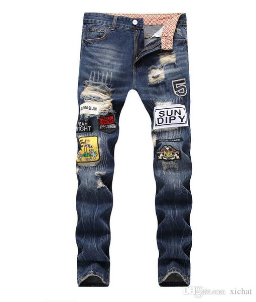 

2018 big size jeans new men's labeling jeans hole denim pants casual streight leg jeans size 28-40 cjl381, Blue