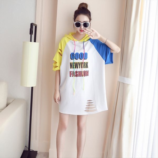 

harajuku стиль соответствие цвета полурукав с капюшоном бф средней длиной полый с короткими рукавами футболка женской летней свободным студе, White