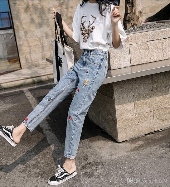 

голубые джинсы патч моды ретро прямые джинсы случайные джинсовые, Black