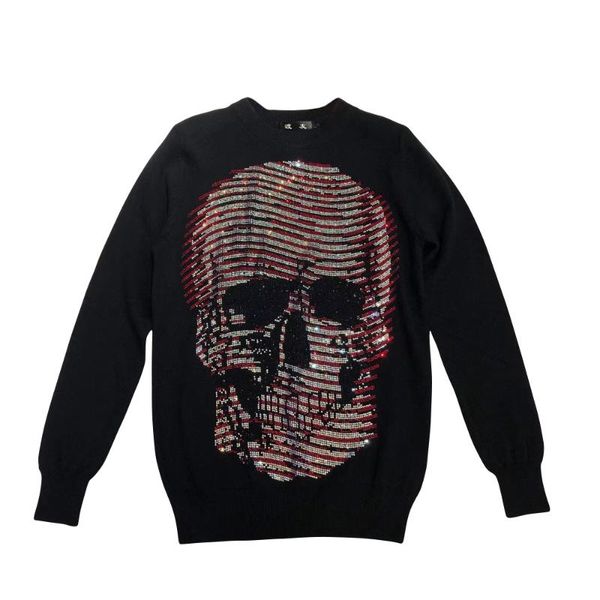 

duyou новый бренд шерстяной свитер mens конструктора свитера осень зима моды вязаные пуловер мужчины rhinestone волны большой череп, White;black