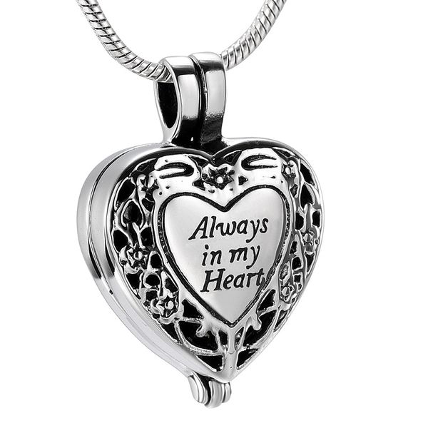 

ijd9958 unique always in my heart cremation pendant keepsake necklace ashes urn for pet/human memorial jewelry & engraved, Silver