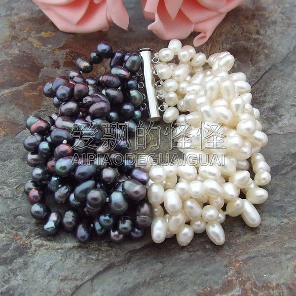 

b082511 7 strands 8" drilled white black pearl bracelet, Golden;silver