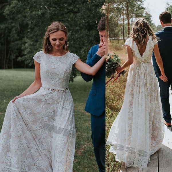 

vintage bohemian wedding dresses with sleeve 2019 retro lace backless full length country bridal dress wedding gowns, White
