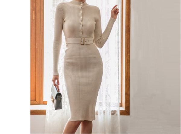 

2019 autumn temperament apricot slim single row buckle package hip dress long sleeve o-neck knitted dress belt, White;black