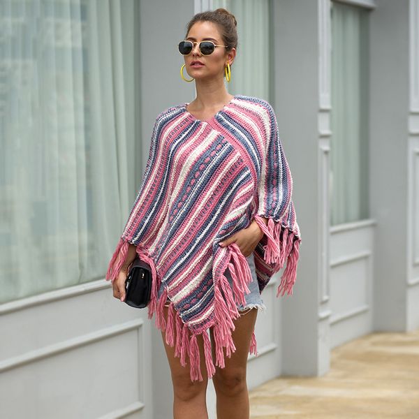 

2019 новой осень зима женщина толстых свитеров косых stripes кисточка трикотажные толстый плащ шаль my19044, Black