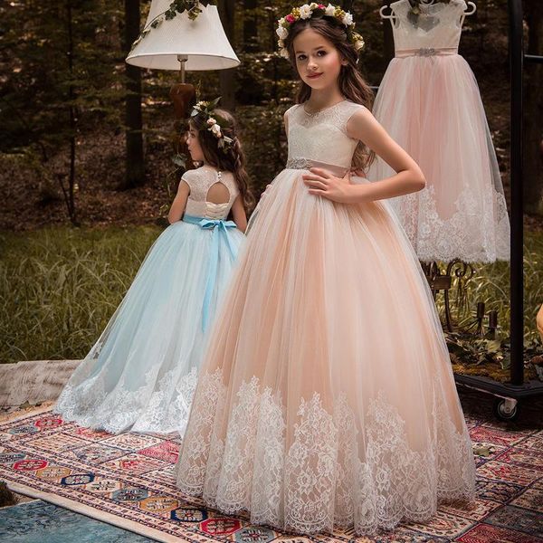 

2019 цветочные платья для девочек для свадьбы совок оборками кружева тюль жемчуг спинки принцесса дети свадьба день рождения платья, White;blue