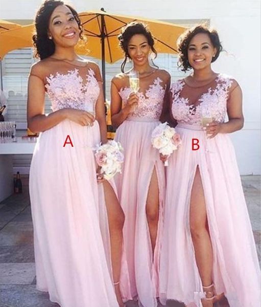 

2019 country blush pink bridesmaid dresses sheer jewel neck lace appliques maid of honor dresses split formal evening gowns wear, White;pink
