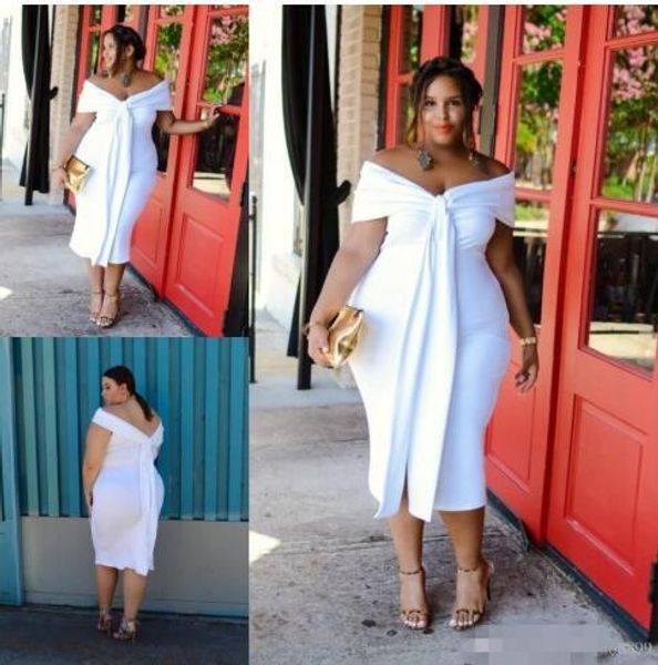 

white big girl plus size prom dresses off the shoulder tea length backless sleeves short evening gowns formal dress, Black;red