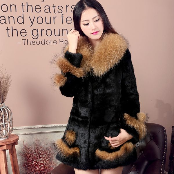 

large natural raccoon dog fur collar elegant whole skin real fur coats outerwear women winter jackets, Black