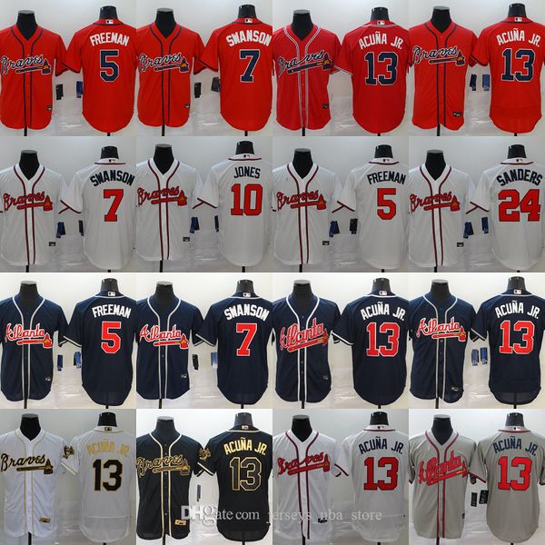 

atlanta 2020 braves 13 ronald acuna jr jersey 5 freddie an 7 dansby swanson 24 deion sanders baseball jersey, Blue;black