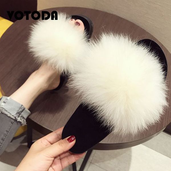 

summer women real fur slippers non-slip fluffy sandals female casual furry slides plush outdoor shoes fashion house slippers, Black