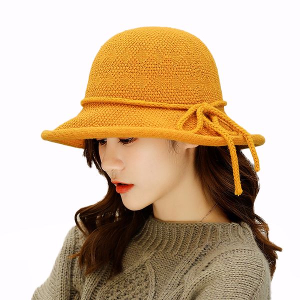 

sparsil women winter wool knitted bucket hat dome curl brim with bot-knot caps female fashion foldable wool beanies girls, Blue;gray