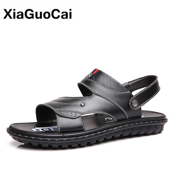 

sandals men genuine leather 2021 summer casual male beach shoes antiskid thick bottom fashion classic man arrival, Black