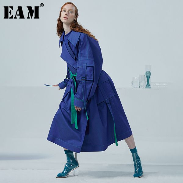 

eam] женщины blue ribbon split long big size trench new нагрудные длинные рукава свободные fit ветровка мода tide весна 2020 1r340, Tan;black