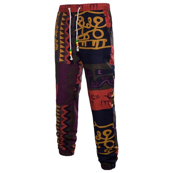 

luxury brand мужские цветочные печати joggers bohemia мужской повседневные брюки карандаш льняные спорт sweatpants мужчины drawstring шарова, Black