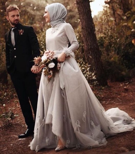 

silver feathers long sleeve high collar muslim wedding dresses 2019 crystal draped court train african women wedding gowns plus size, White