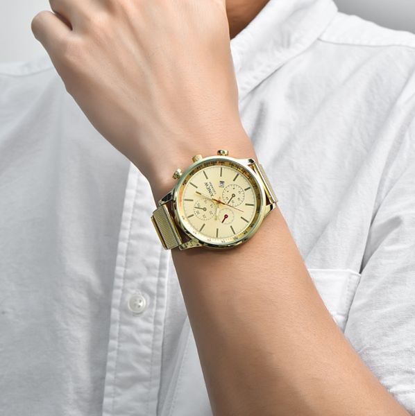 

men fashion xinew brand calendar watches stainless steel strap quartz movement watch men three eye decoration watches wholesale, Slivery;brown