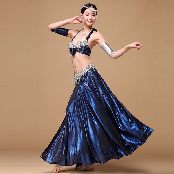 

women dancing suit bra+skirt+armlet set crystal decor halter high slit clothing set kng88, Black;red