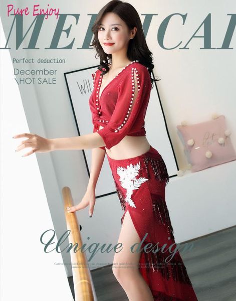

belly dancing set belly dance sequins practice clothes suits oriental dance beginners practice tassels waistband hip scarf set, Black;red