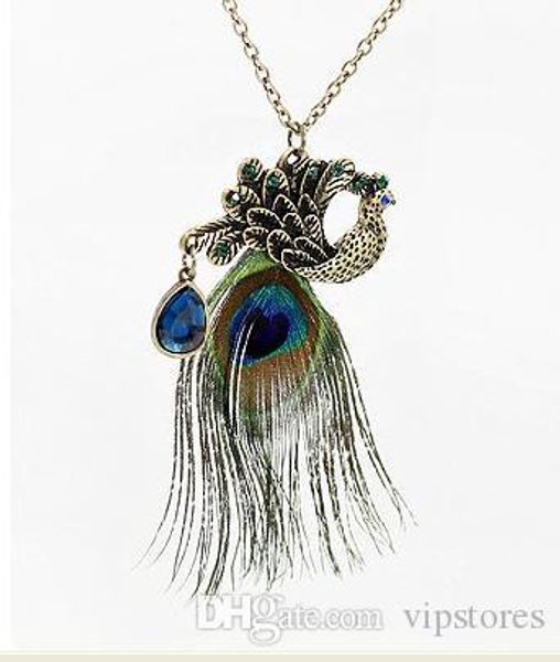 

bohemian peacock sweater chain pendant necklace women long colorful feather sweater chain necklace fashion alloy animal necklace jewelry, Silver