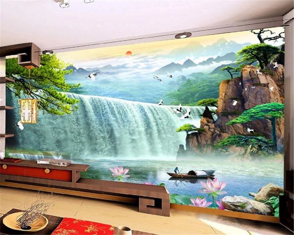 

3d home wallpaper large waterfall flying bird lotus beautiful landscape 3d decorative environmental protection wall paper