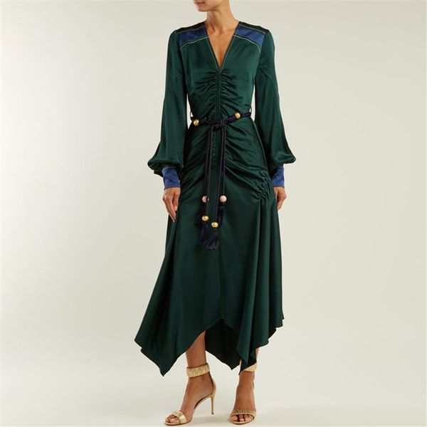 

2018 winter women long dress patchwork long sleeve v-neck asymmetrical party dress vestidos women elegant dresses, Black;gray