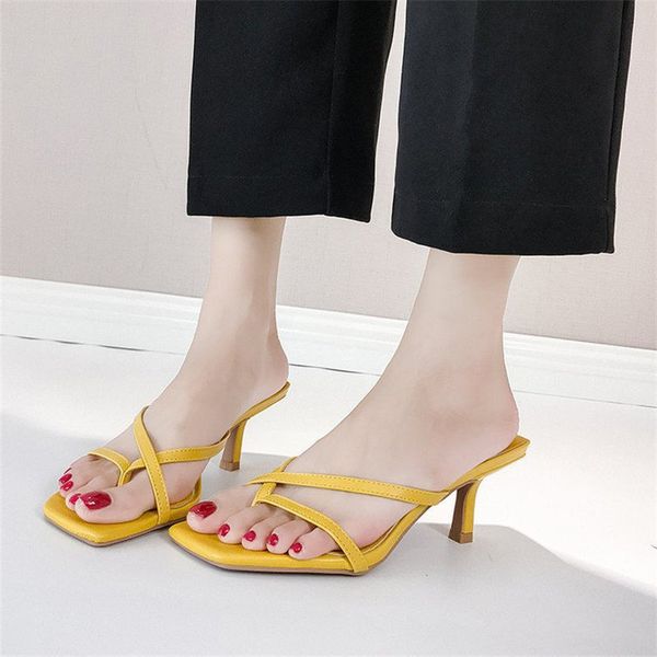 

women thin heel slippers square toe outdoor female fashion slides summer shoes woman high heels slip on sandals sh335, Black