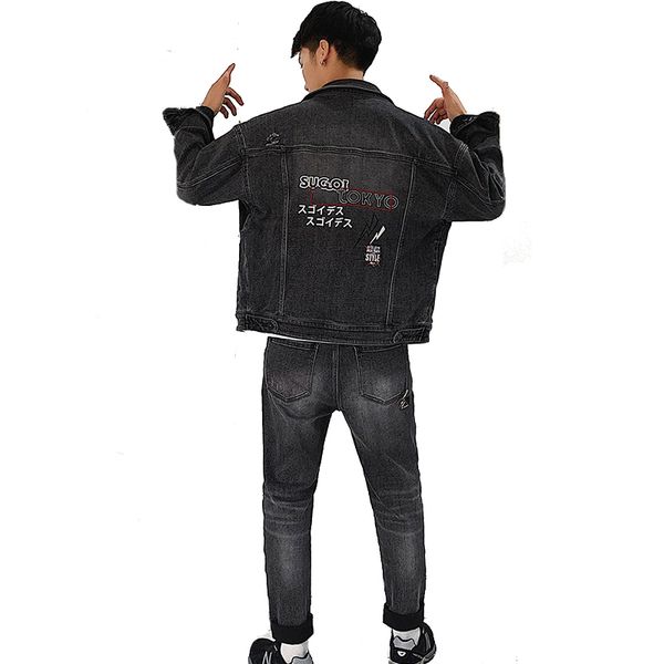 

2020 autumn new men's casual gray jeans sets male large size -5xl denim jacket/jeans two piece set letter print slim tracksuit