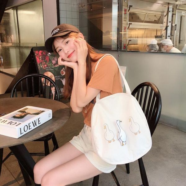

casual cartoon pattern shoulder bag large capacity simple shopping bag girls canvas hand women stylish solid color