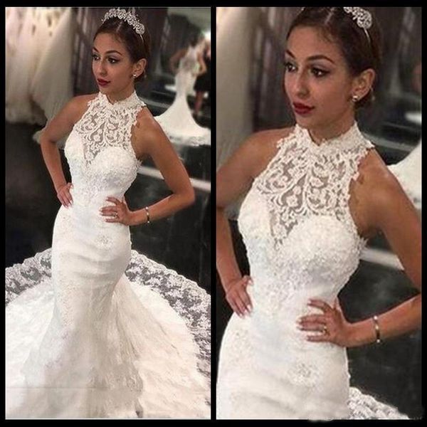 

full lace vestido de novia 2019 high neck mermaid wedding dresses court train delicate bridal gowns custom made, White