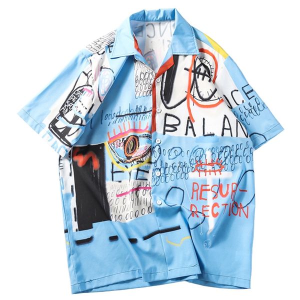 

2019 hip hop shirt streetwear men hawaiian shirt graffiti print harajuku hc beach shirt hiphop shirts summer thin short sleeve, White;black