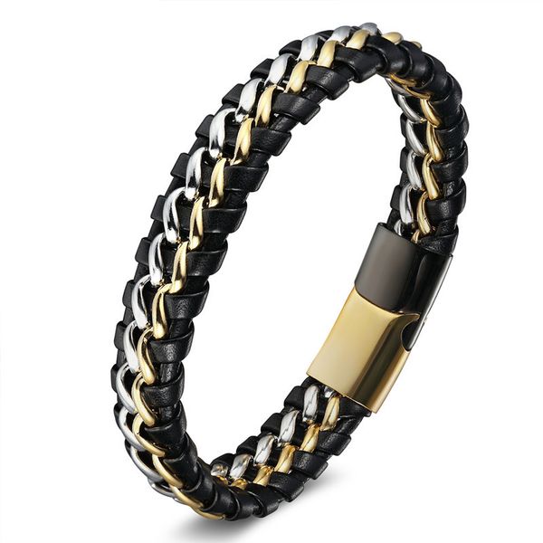 

europe and america men punk titanium steel bracelet stainless steel genuine leather handmade braided rope cross border aliexpres, Silver