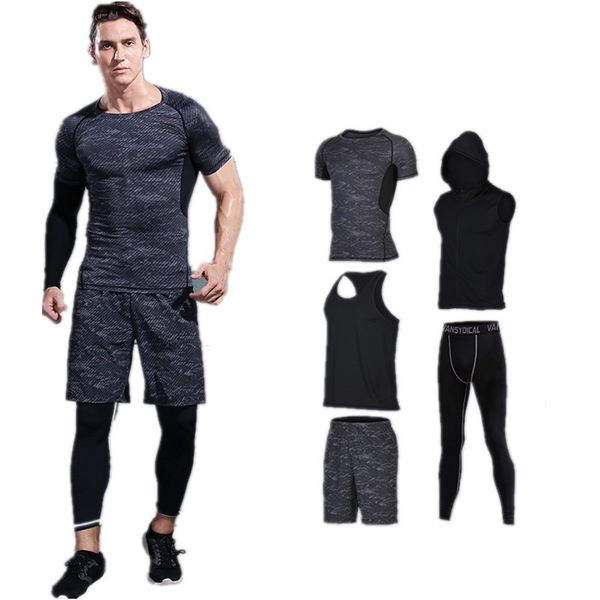 

2017 sport suit men's sportswear fitness running sets compression tights homme gymtraining tracksuits men gym clothing 5pcs, Black;blue