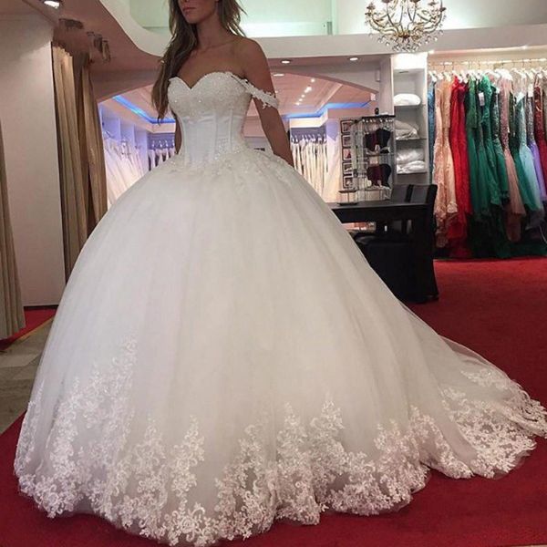 

2019 boned lace appliques tulle wedding dresses puffy big skirt stunning ball gown bridal wear high quality, White