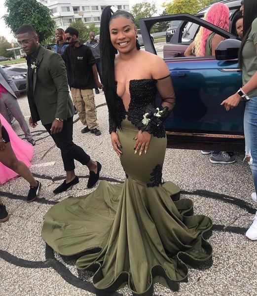 

2019 Olive Green Mermaid Prom Dresses for Black Girls Applique Long Sleeves Off Shoulder Formal Party Dress Evening Wear Vestidos De Fiesta