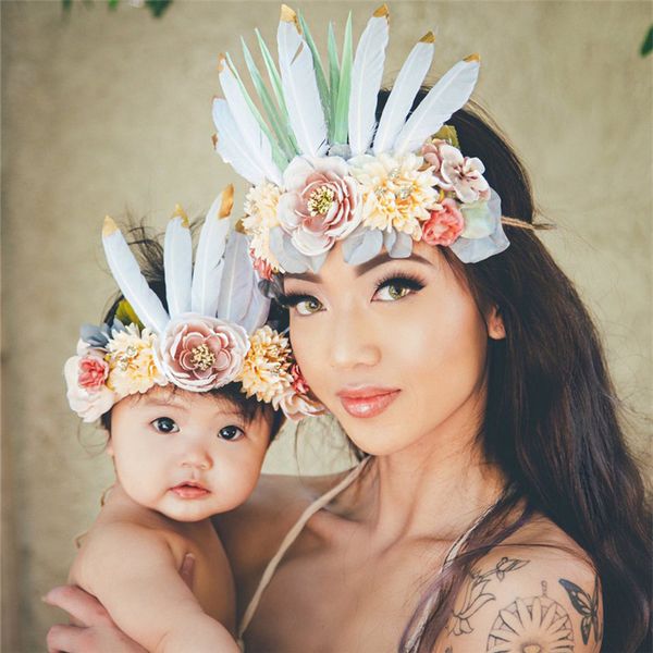 

2pcs/set mom and child feather flower headdress party hat style headband garland hair accessories baby shower decoration