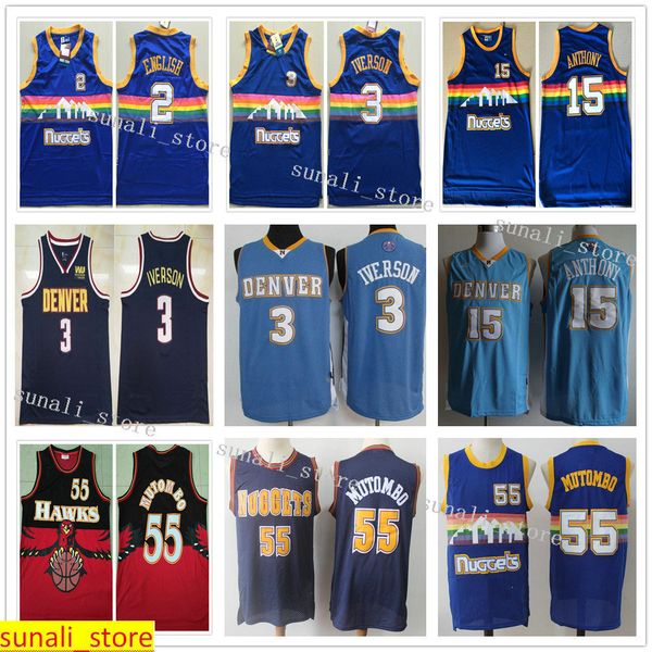 

sewed men alex english 2 allen iverson 3 carmelo anthony 15 dikembe mutombo 55 jersey basketball retro blue rainbow, Black;red