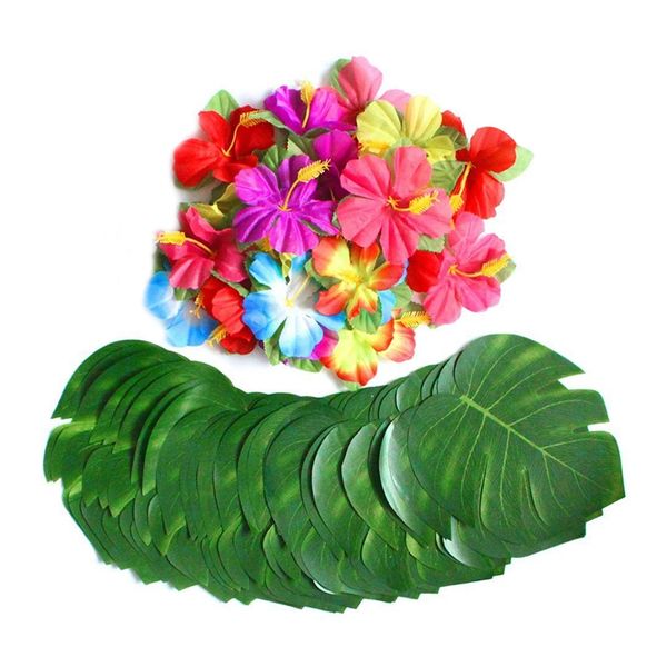 

60 pcs tropical party decoration supplies 8 inch tropical palm monstera leaves and hibiscus flowers, simulation leaf for hawaiia