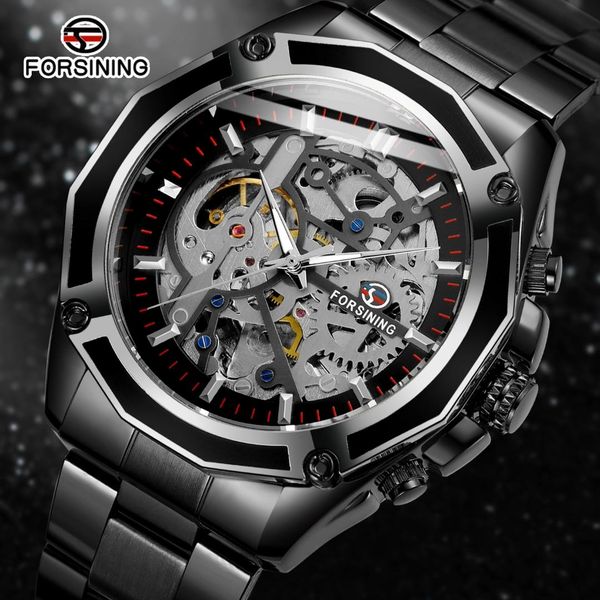 

forsining fashion steampunk mechanical movement design black bracelet men's automatic watches skeleton clock, Slivery;brown