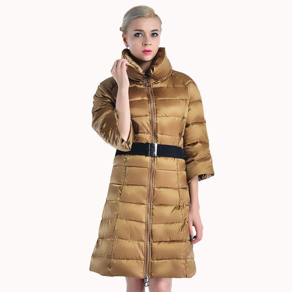 

winter glossy stand collar half sleeves invisible zipper pocket zip clousure sash long poly cotton padded outwear coat jacket for women, Black;brown