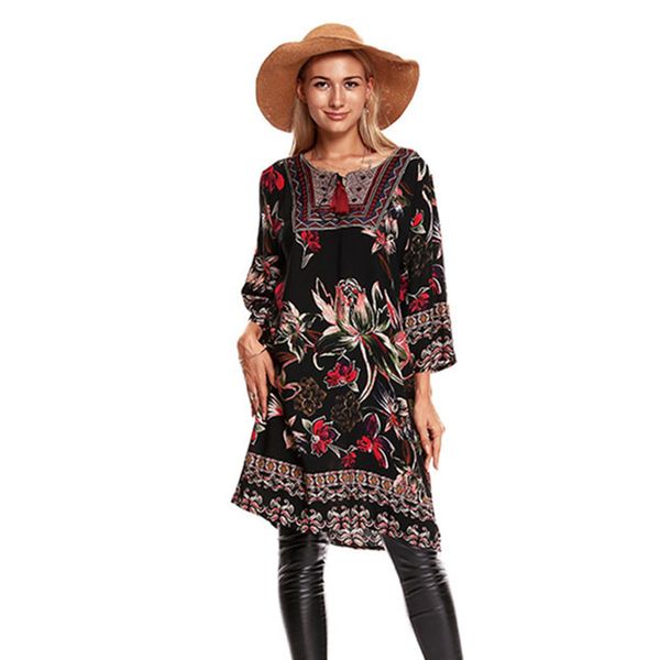 

nora twips women floral print loose dress fashion boho summer dresses ladies vintage bandage bodycon party dress vestidos, Black;gray