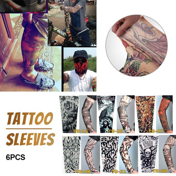 

6pcs tattoo sleeve seamless outdoor sport cooling sleeve uv sun-proof riding basketball volleyball running arm fashion, Black